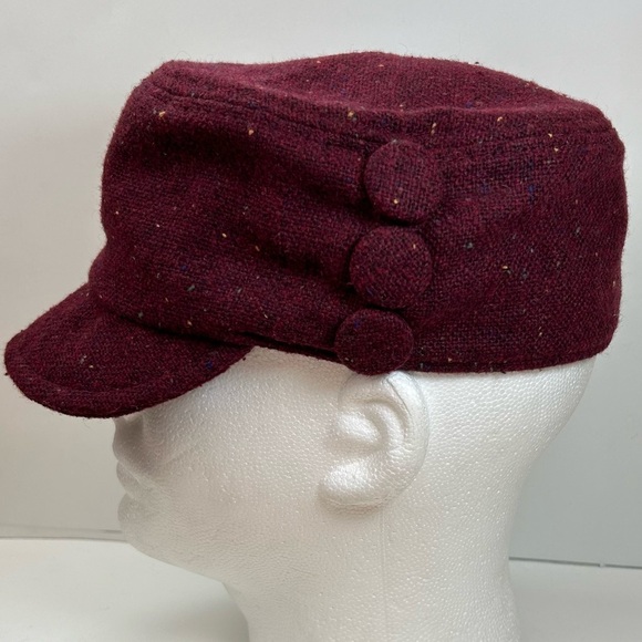 World Market Women’s Wool Blend Hat Burgundy 6 7/8 Speckled Cadet Military Style - Picture 3 of 10